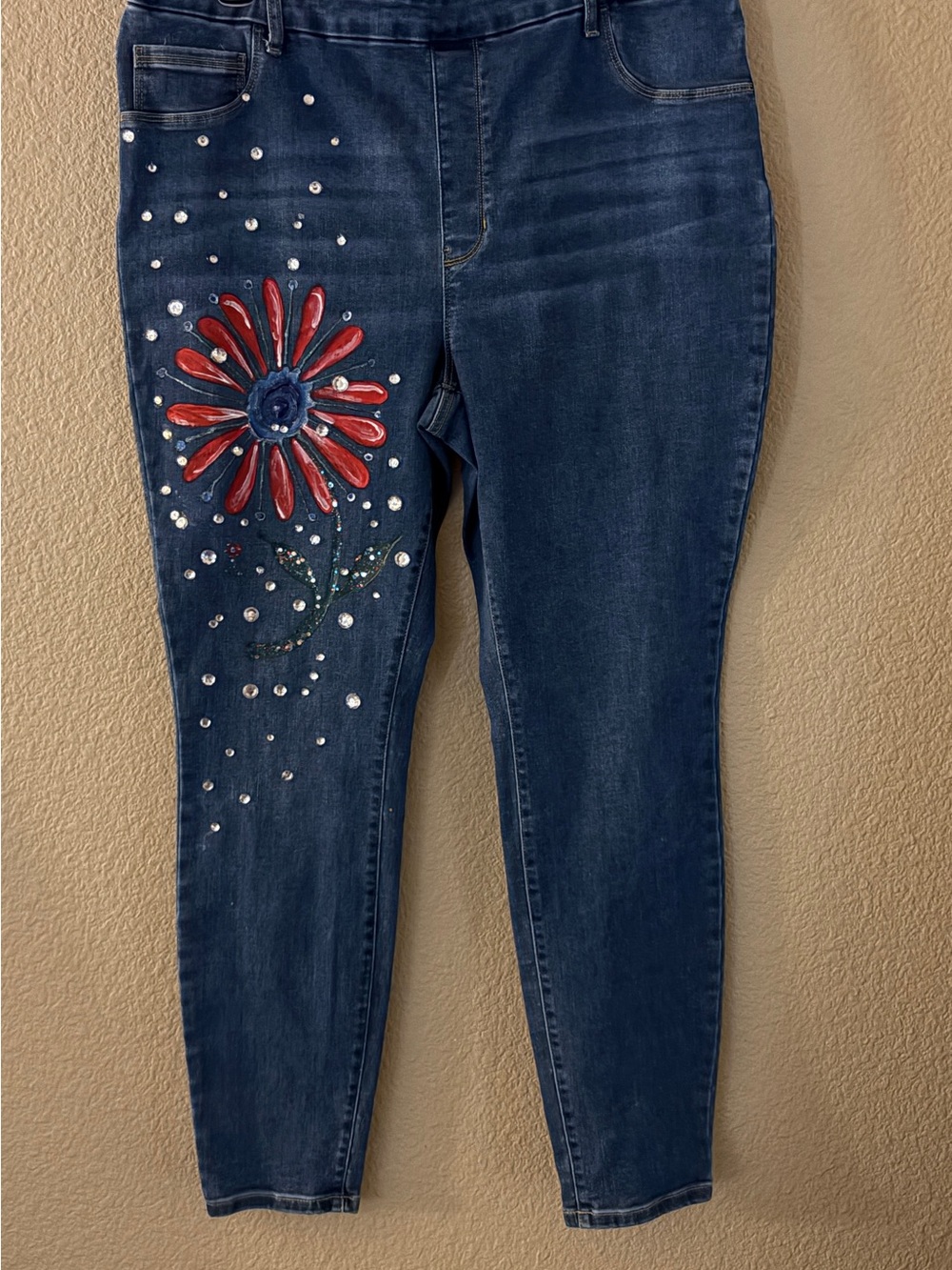 Dark Blue Women's Jeggings with Red Floral Accent